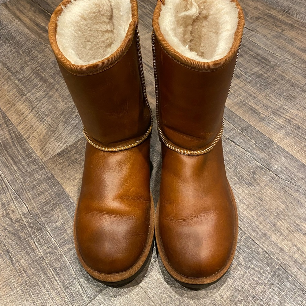 UGG Brown Leather Bomber Classic Short Boots